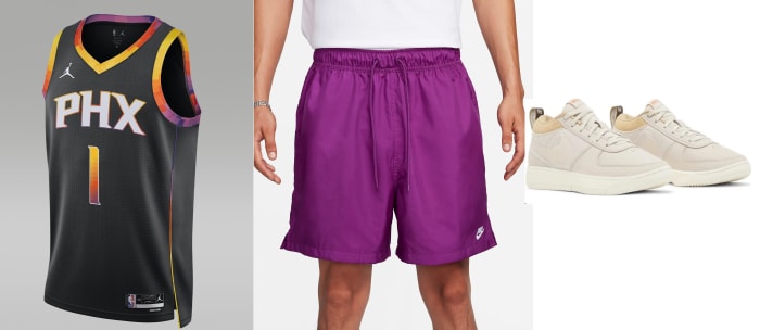 Devin Booker's Suns jersey, Nike sneakers, and shorts.